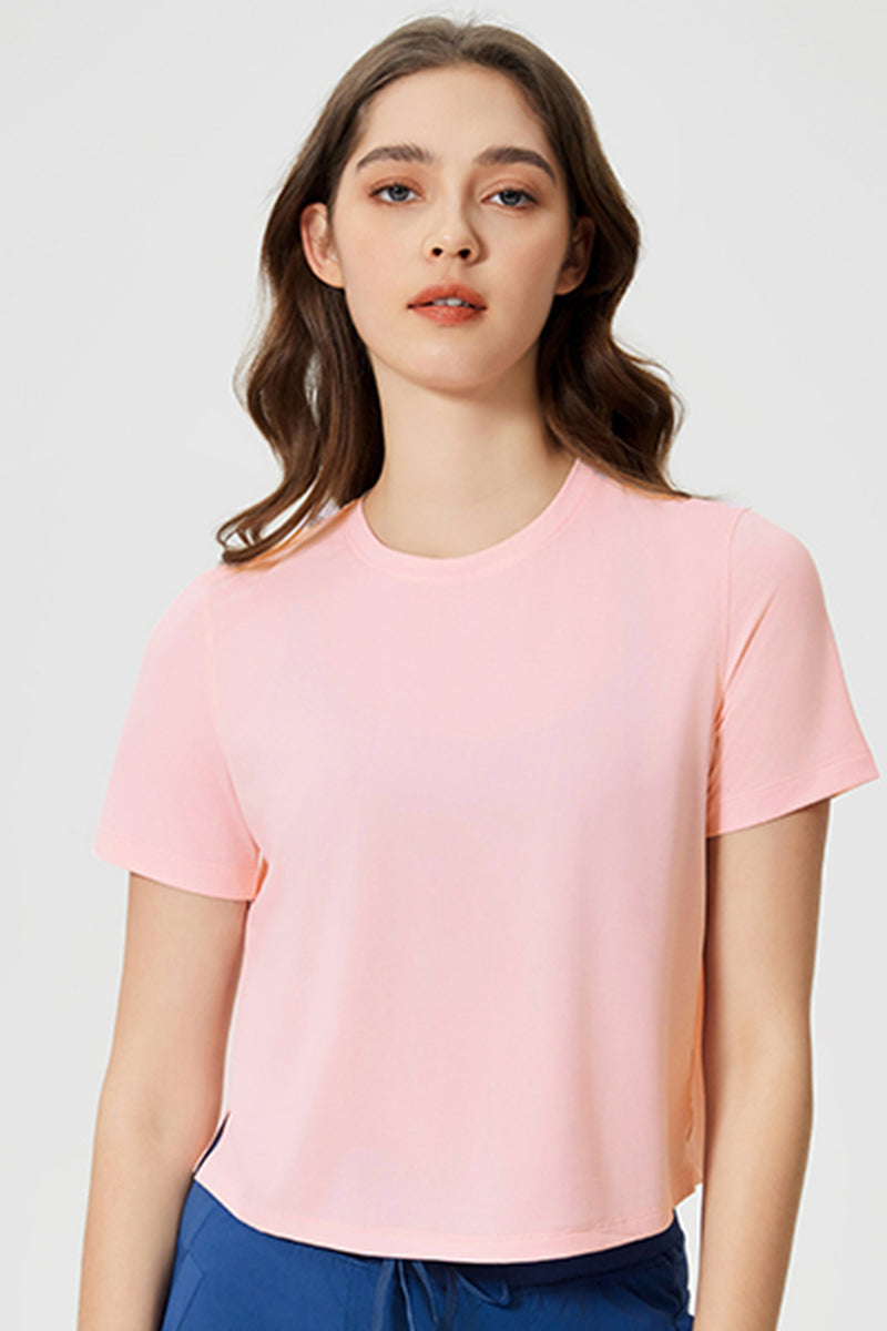 Women Round Neck Cropped Loose Quick-Dry Cool Touch Yoga Workout T-Shirt