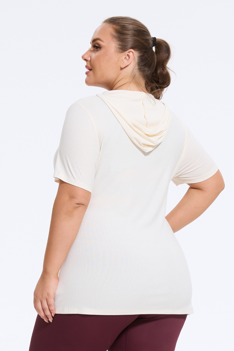 Plus Size Women's Ribbed Slit Yoga  Hooded T-Shirt