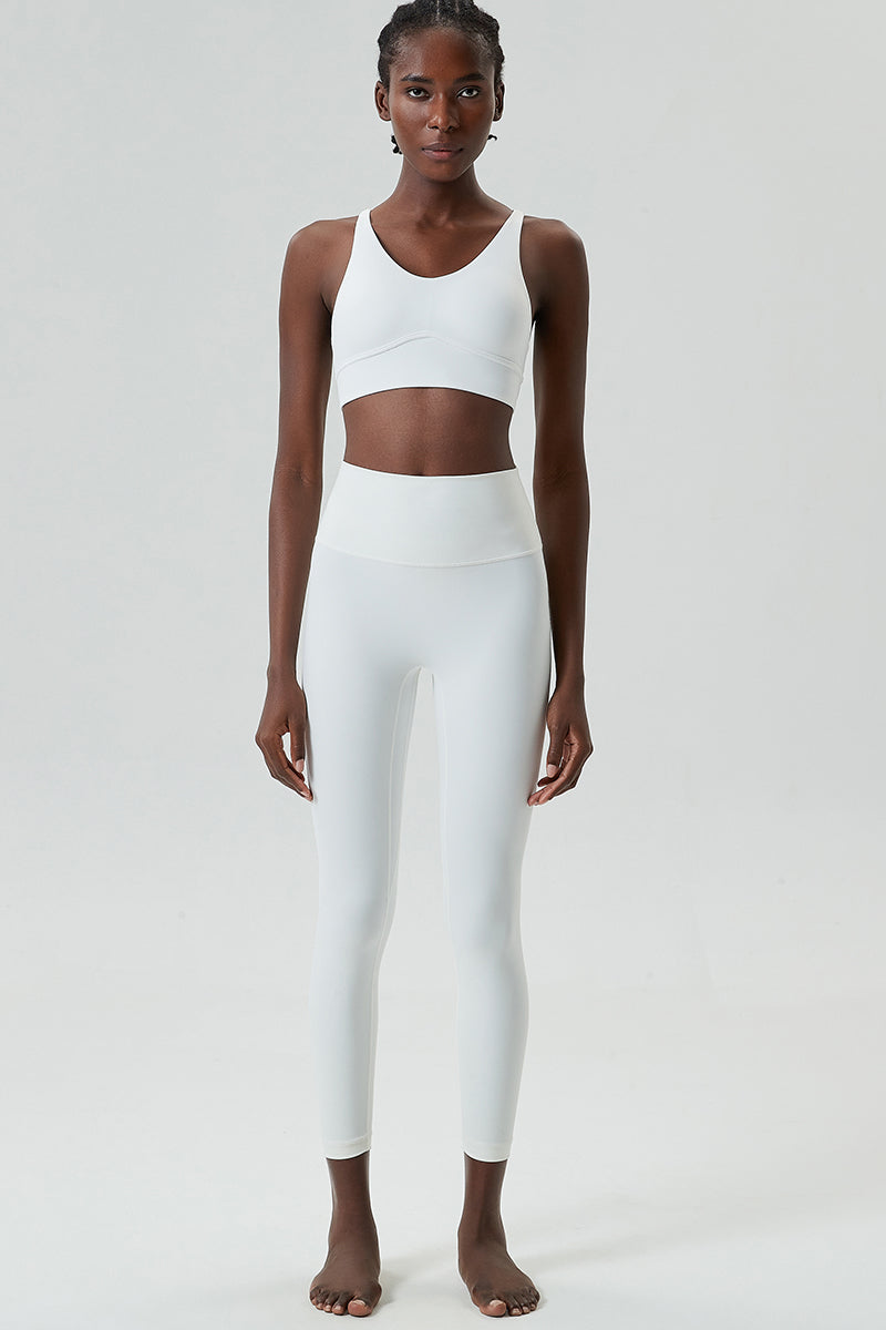 Solid color back cross sports bra + casual sports leggings 2-piece set
