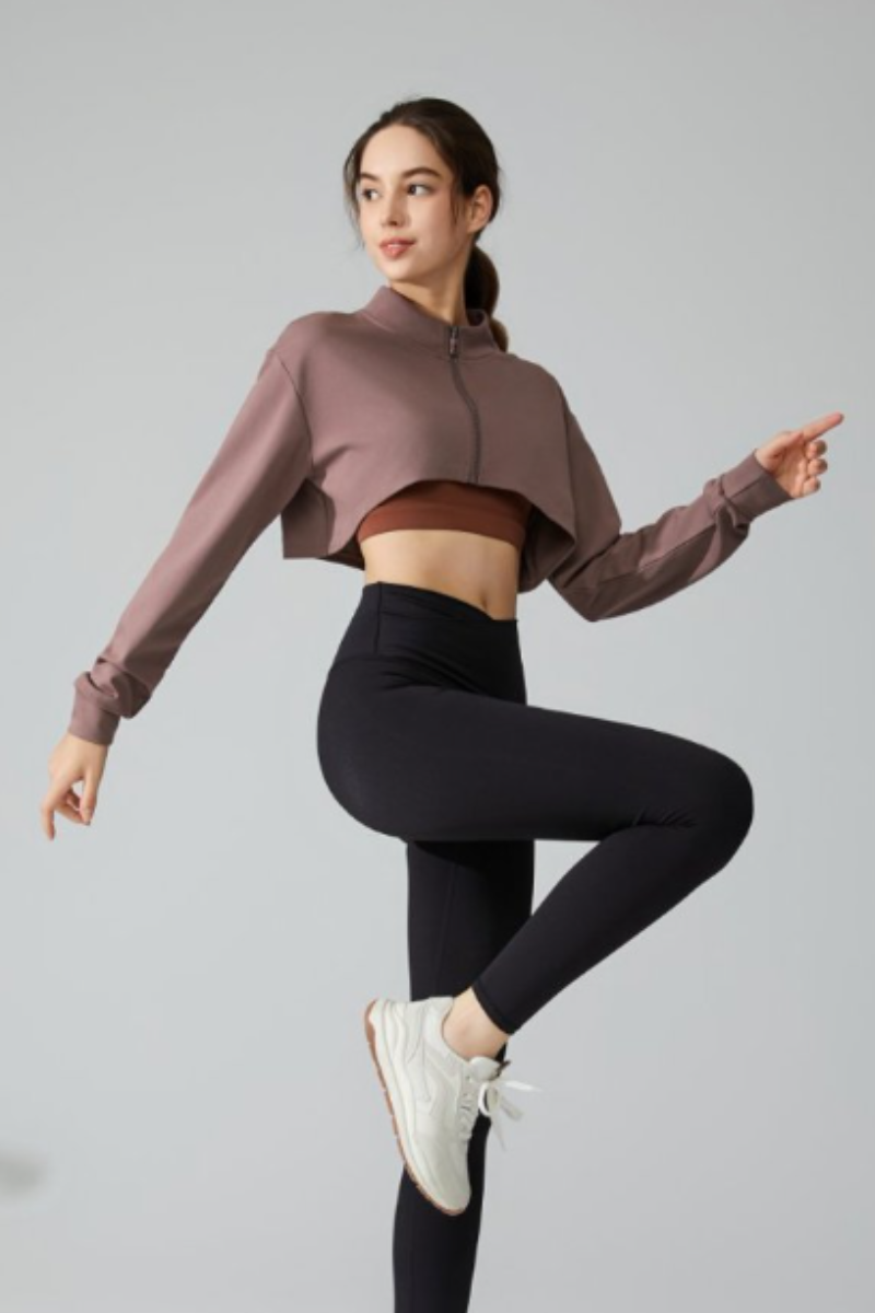 Women's Mock Neck Full Zip Cropped Loose Athletic Jacket