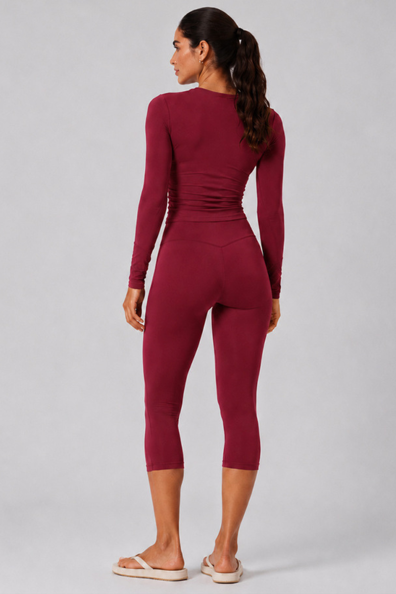 Women's Brushed Crew Neck Long Sleeve T-shirt And Capri Yoga Set