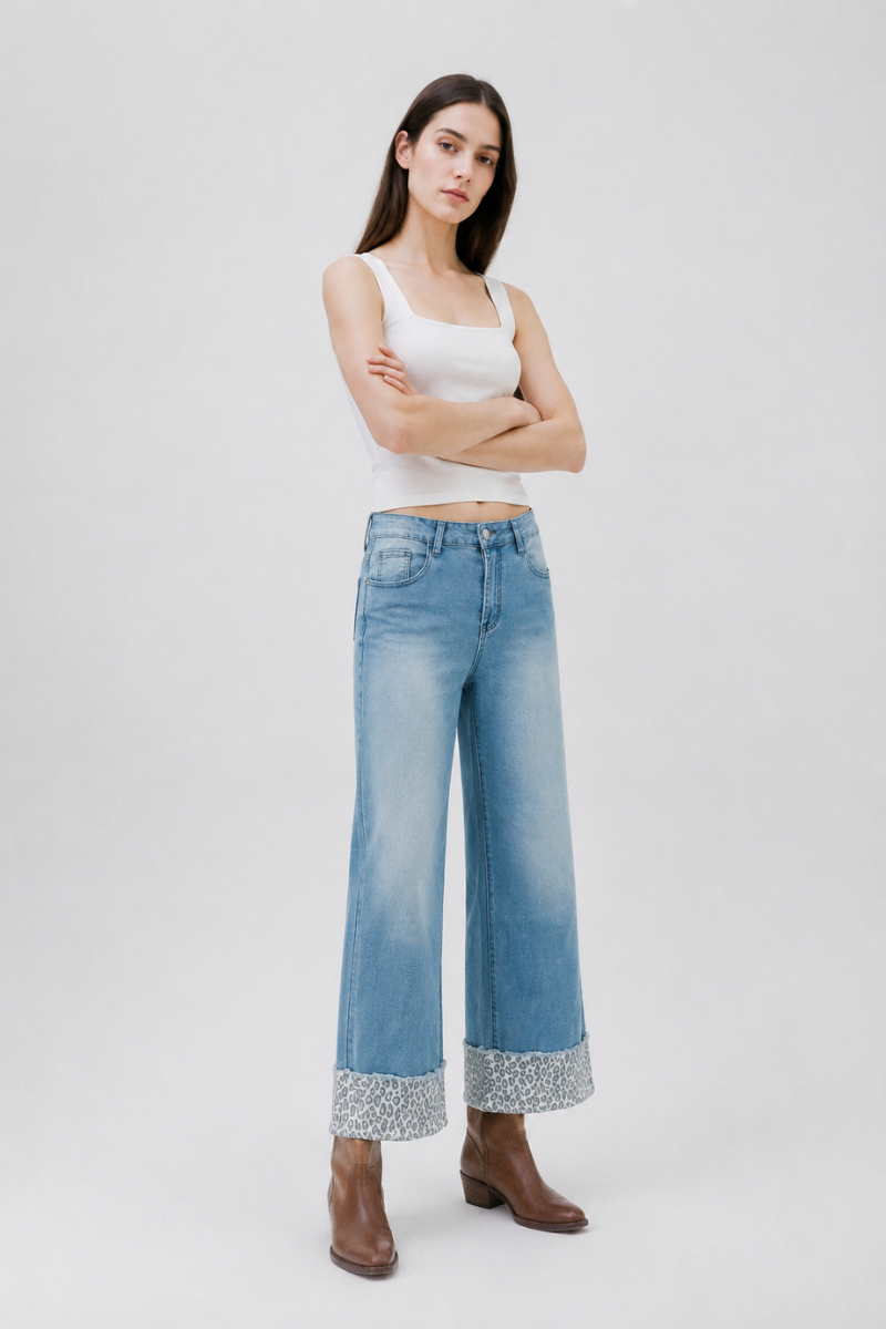 Women's Fall Leopard Print Cuff Relaxed Wide Leg Jeans