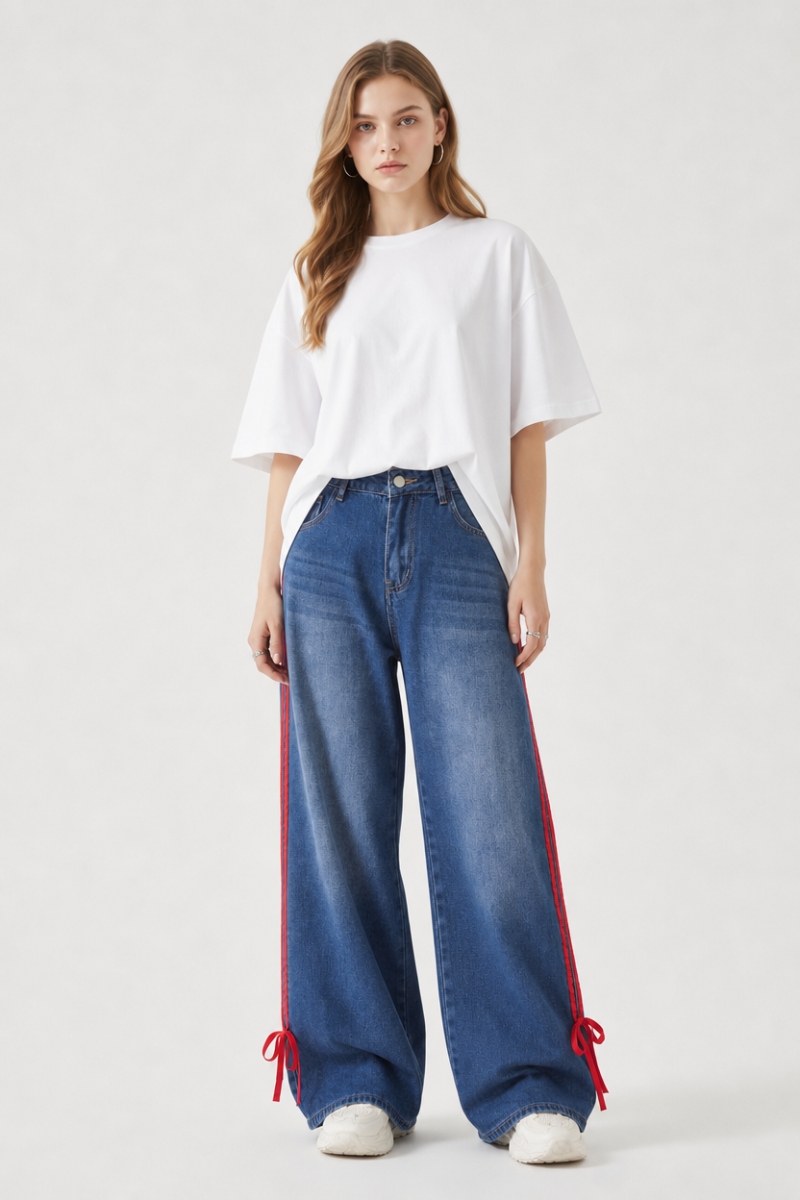 Women's High Waist Wide Leg Jeans with Red Side Stripe