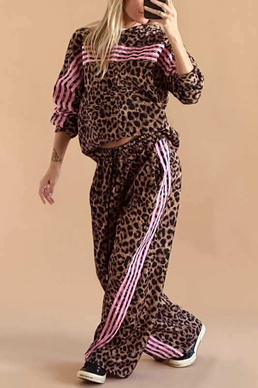 Women's Fall Leopard Print Sets:Side Stripe Hoodie And Pants
