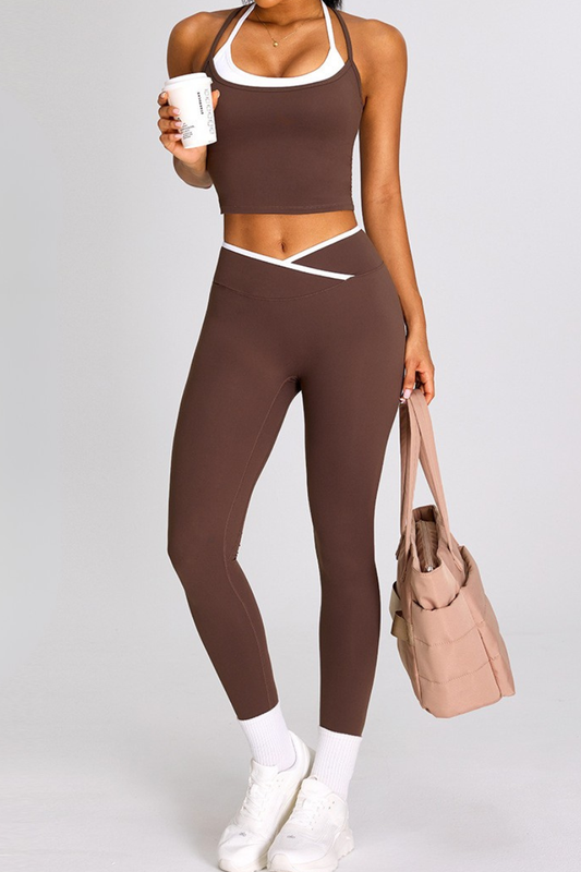 Women's Color-Block Cross-Back Tank Top And Leggingd Set
