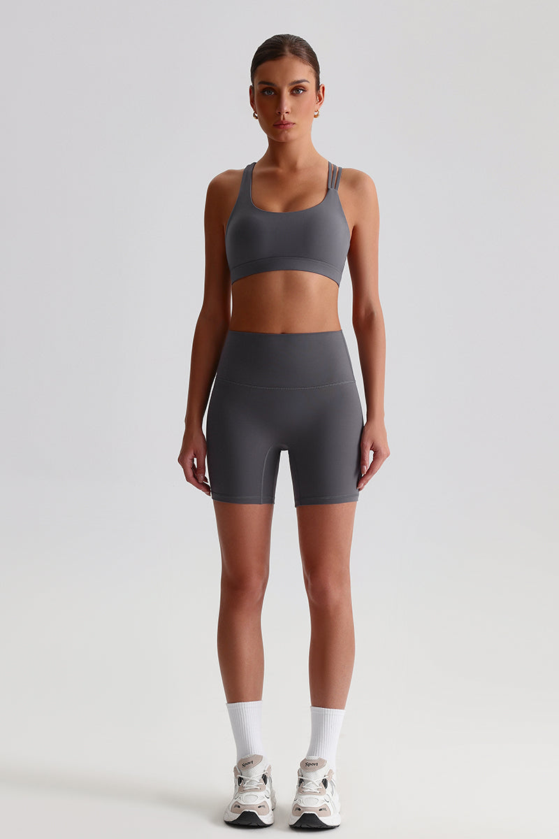 Women Naked Sensation Yoga Shorts Set: Cross-Back Bra + High-Waisted Sculpting Shorts