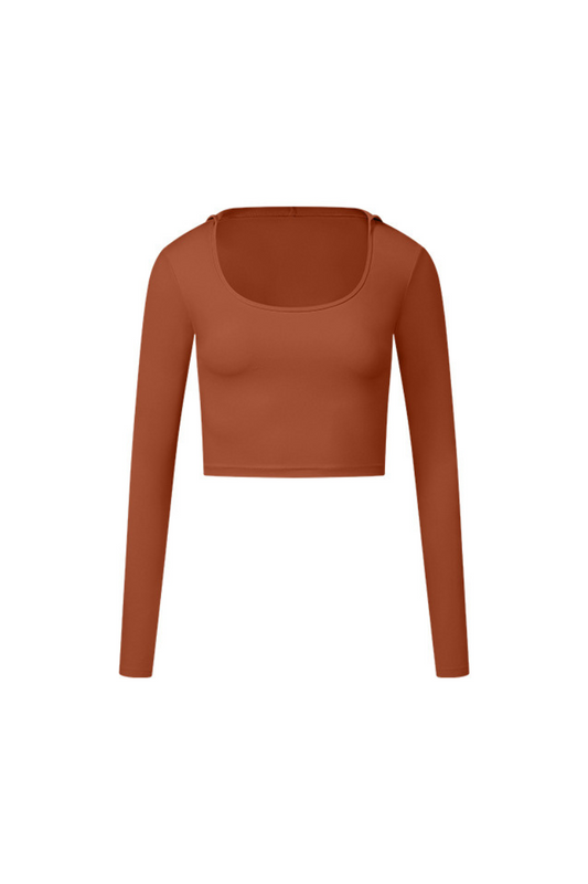 U-Neck Hooded Long-Sleeve Top with Naked Feel Fabric