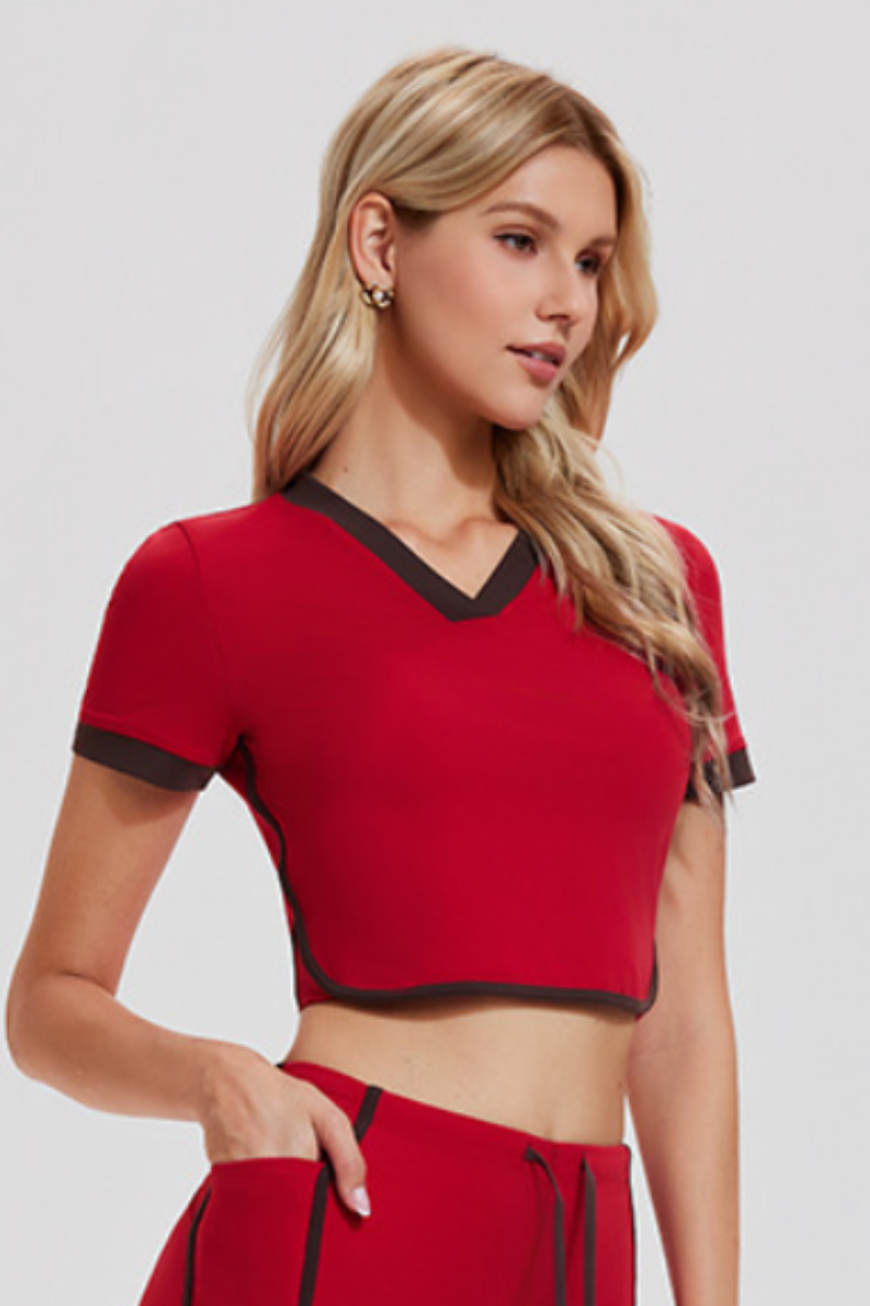 Women's Contrast Trim V-Neck Cropped Tennis T-shirt