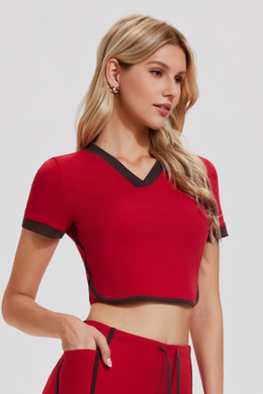 Women's Contrast Trim V-Neck Cropped Tennis T-shirt