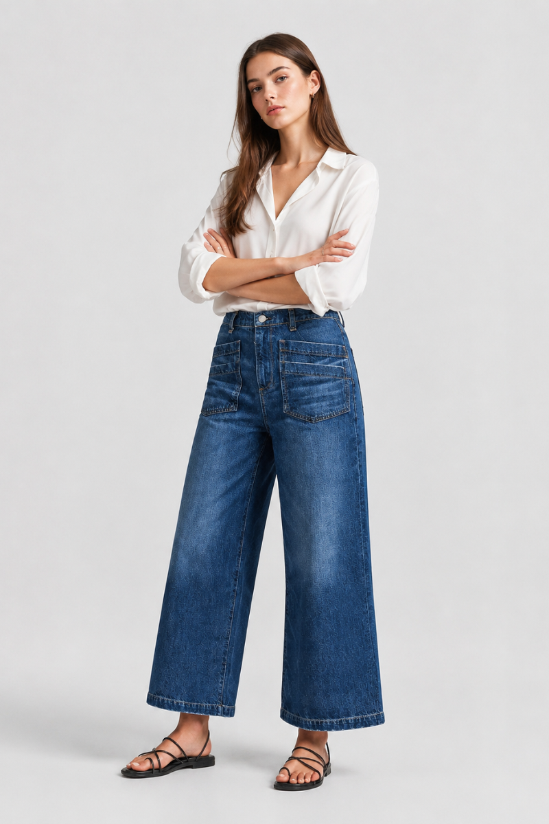 Women's High Waisted Wide Leg Jeans with Front Patch Pockets