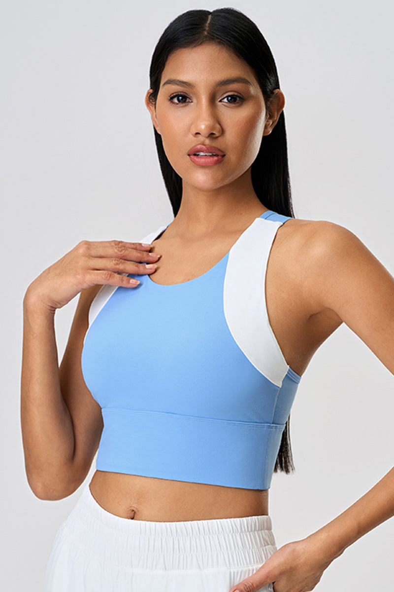 Women Color Block Short Built-In Bra Sculpting Cross Back Yoga Sports Tank Top