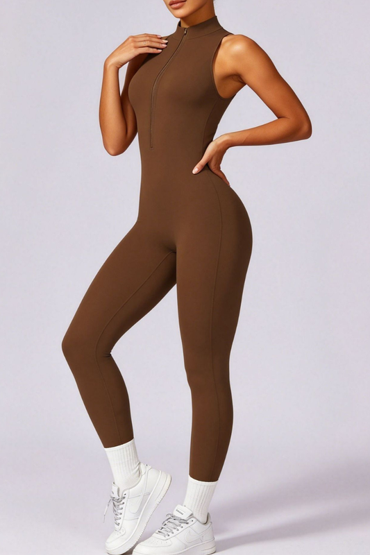 Women's Half Zip Mock Neck Cutout Back One Piece Jumpsuit
