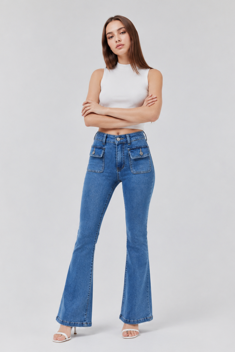 Women's High Waist Flare Jeans with Button Front Pockets