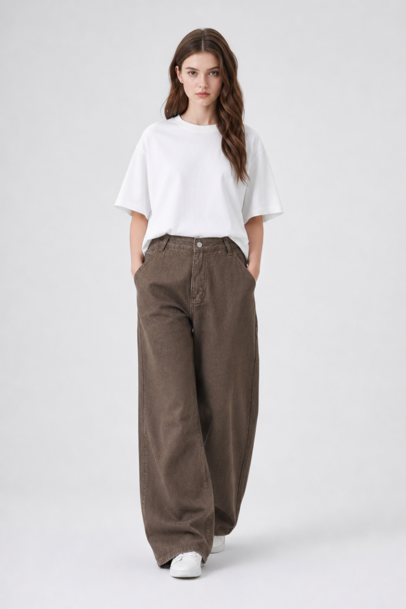 Women's Fall Non-Stretch Brown Loose Fit Wide Leg Jeans