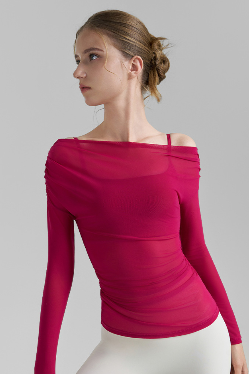 Women's Asymmetric  Shoulder Sheer Mesh Long Sleeve Yoga Top