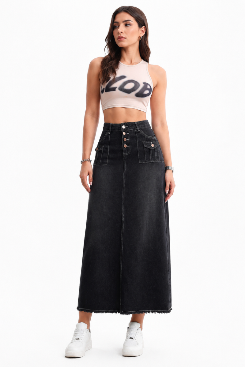 Women's High Waist Button Fly Denim Maxi Skirt