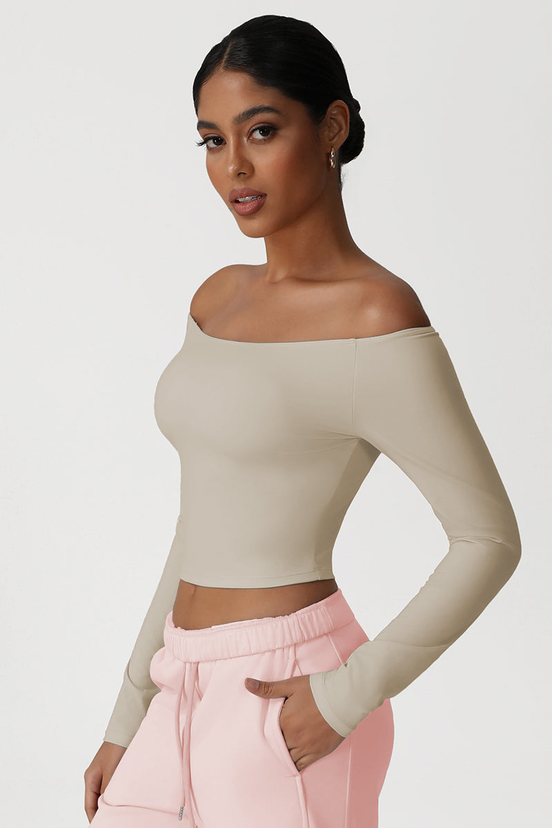 Women Off-Shoulder High-Stretch Yoga Fitness Long Sleeve Top