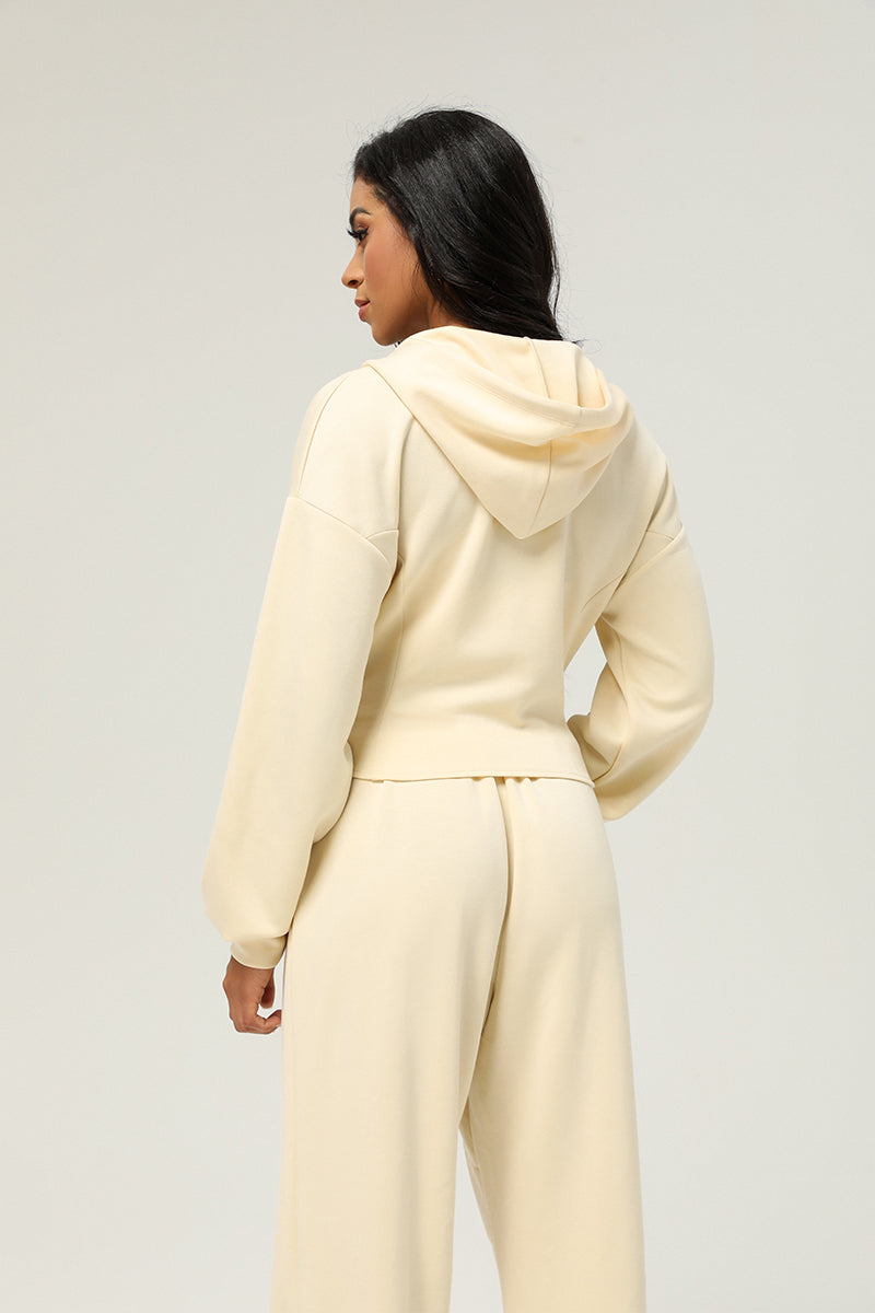 2 Pcs Set Zippered Jacket Hooded Casual Cardigan Jacket + High Waist Drawstringwide Leg Pants
