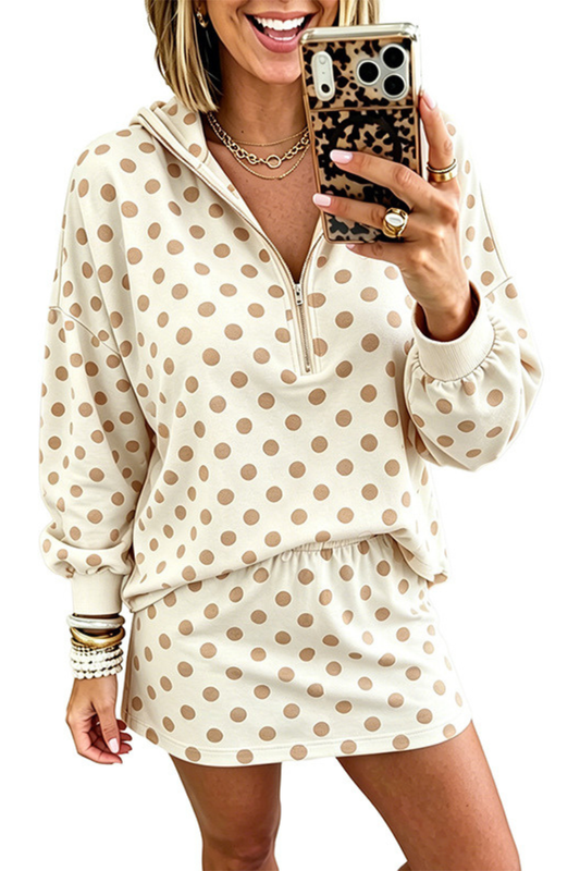 Women's Fall Set:Quarter Zip Polka Dot HoodieAnd Mini Skirt