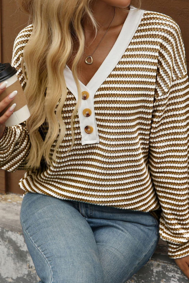 Women's Fall Striped V-Neck Button Detail Long Sleeve Top