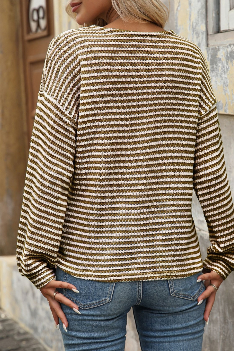 Women's Fall Striped V-Neck Button Detail Long Sleeve Top