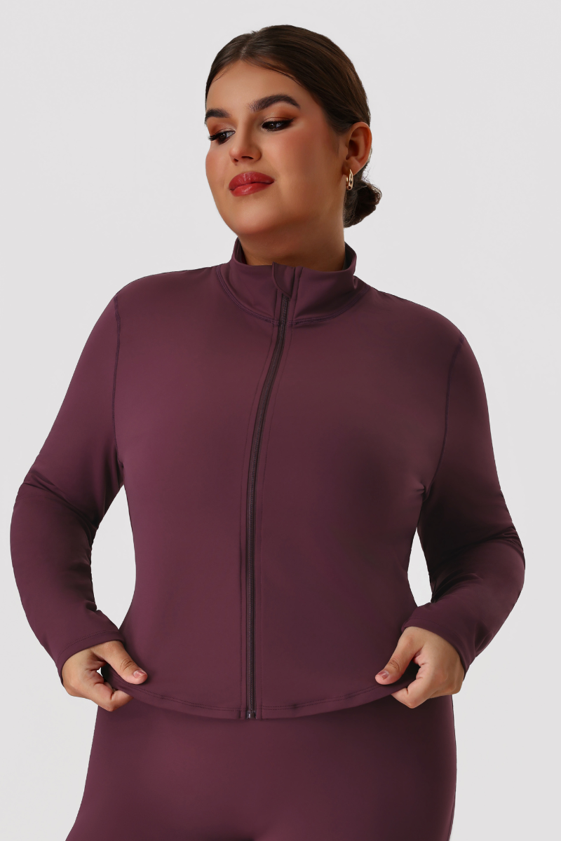 Plus Size Women's Mock Neck Curved Hem Long Sleeve Yoga Jacket