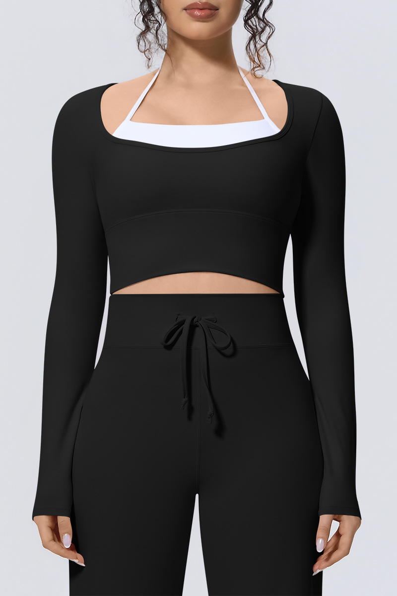 Women Fake Two Color Block Cropped Long Sleeve T-shirt
