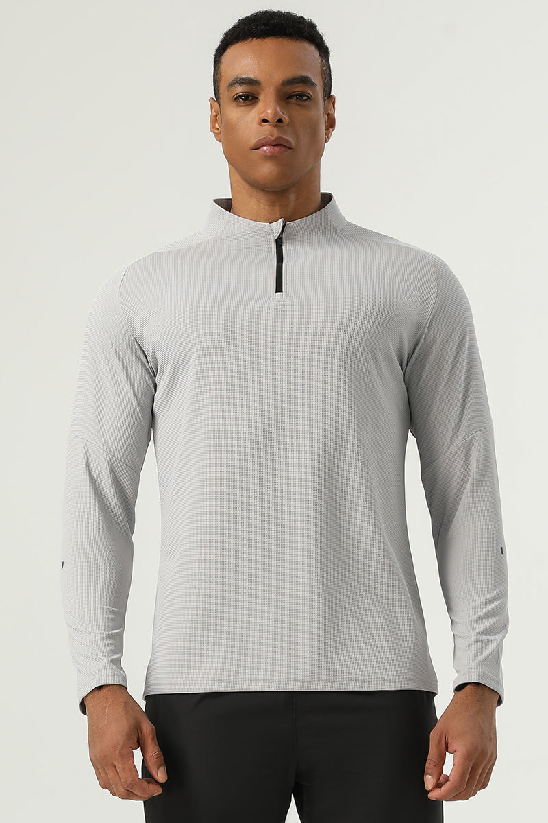 Men's Half Zip Stand Neck Thumb Band Fitness Training Long Sleeve T-Shirt