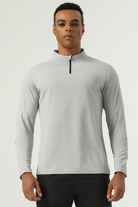Men's Half Zip Stand Neck Thumb Band Fitness Training Long Sleeve T-Shirt