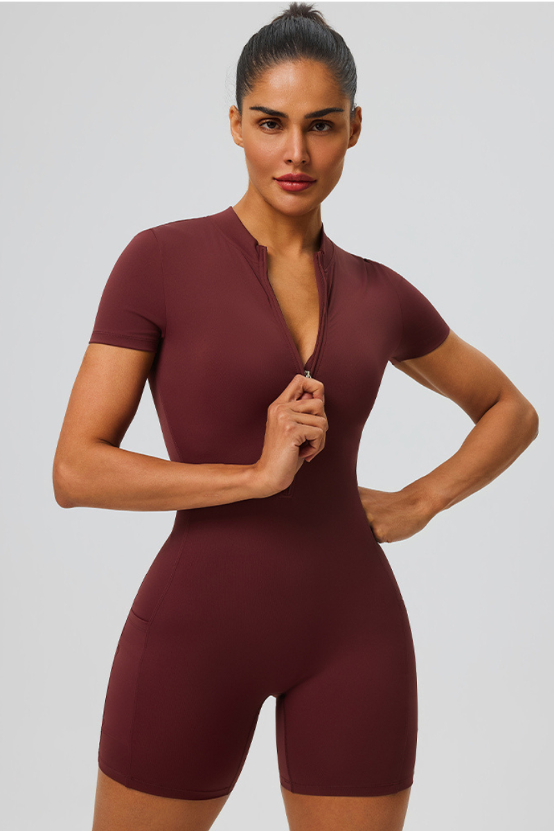 Women's Half Zip Side Pocket Short Sleeve Sport Jumpsuit