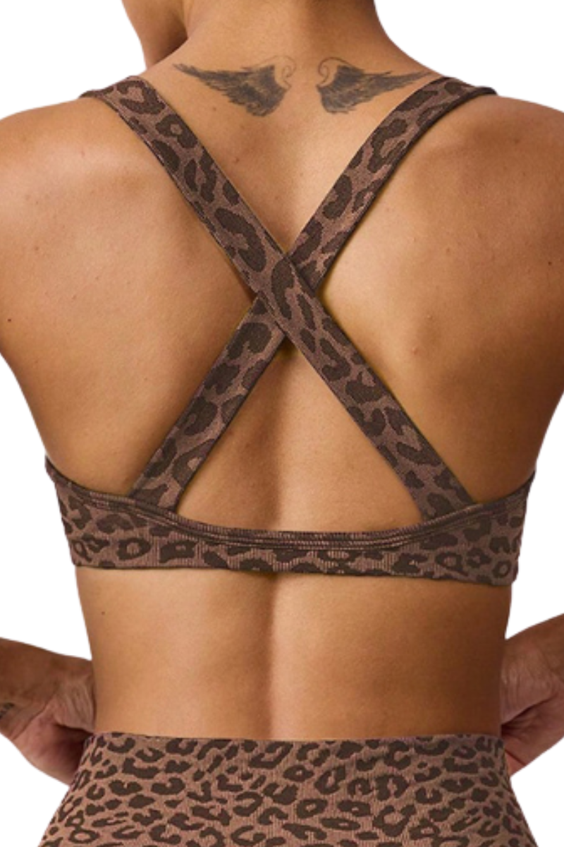 Women's Leopard Twist Cross Back Wide Strap Sports Bra