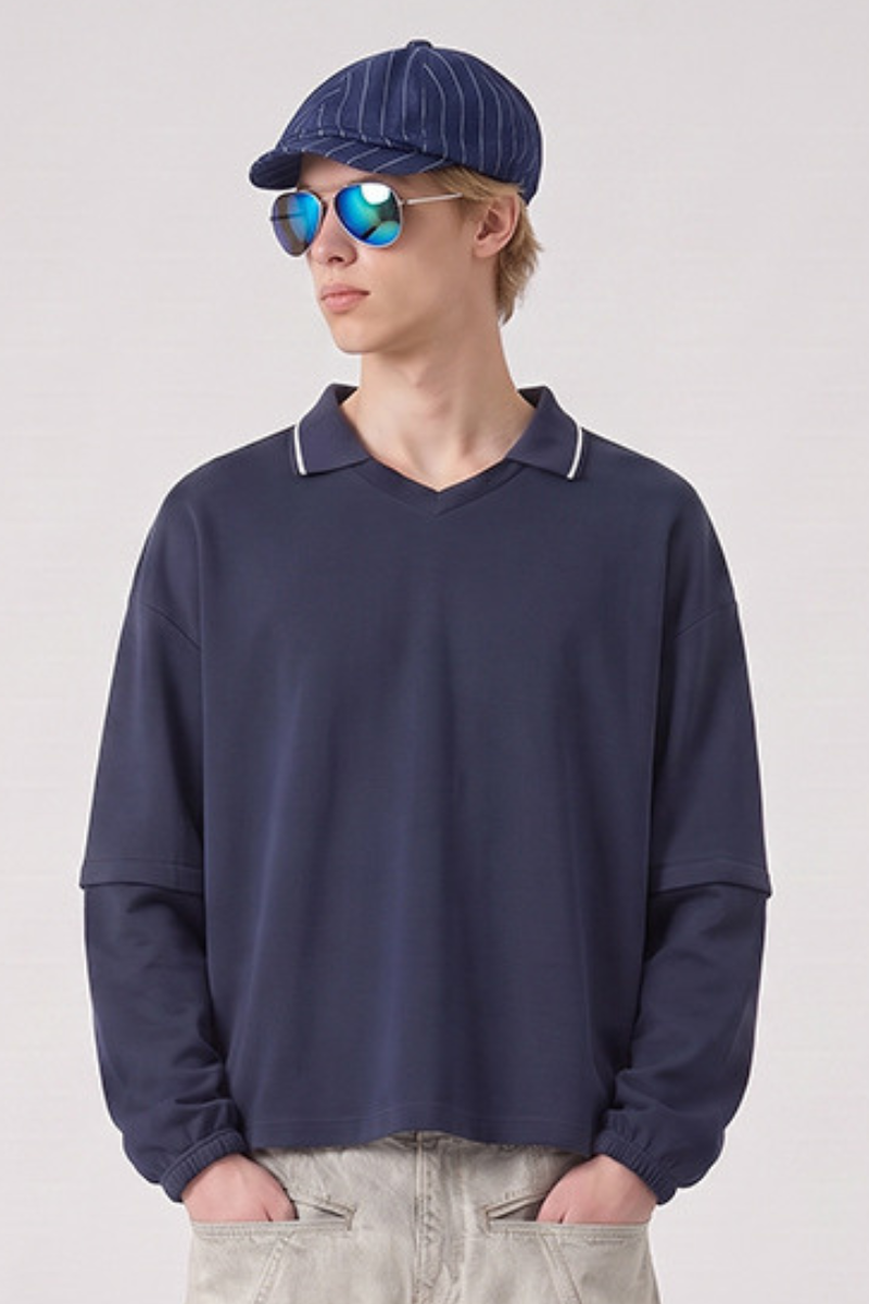 Men's Fall V-Neck Polo Collar Detachable-Sleeve Sweatshirt