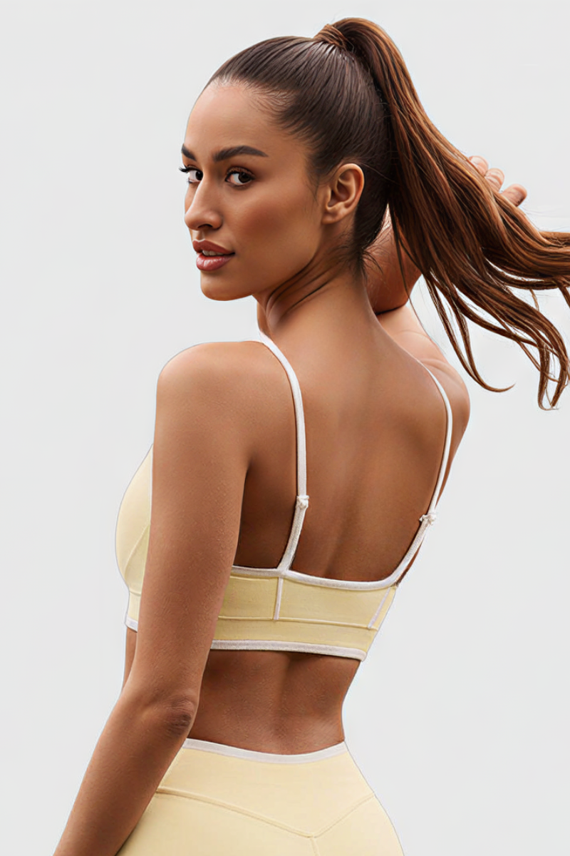 Women's Nude Color-Blocking Thin Strap V-neck Sports Bra