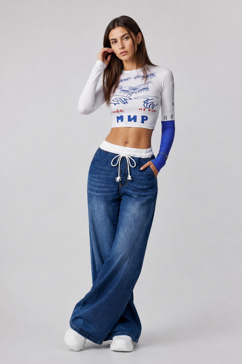 Women's Drawstring Waist Wide Leg Jeans