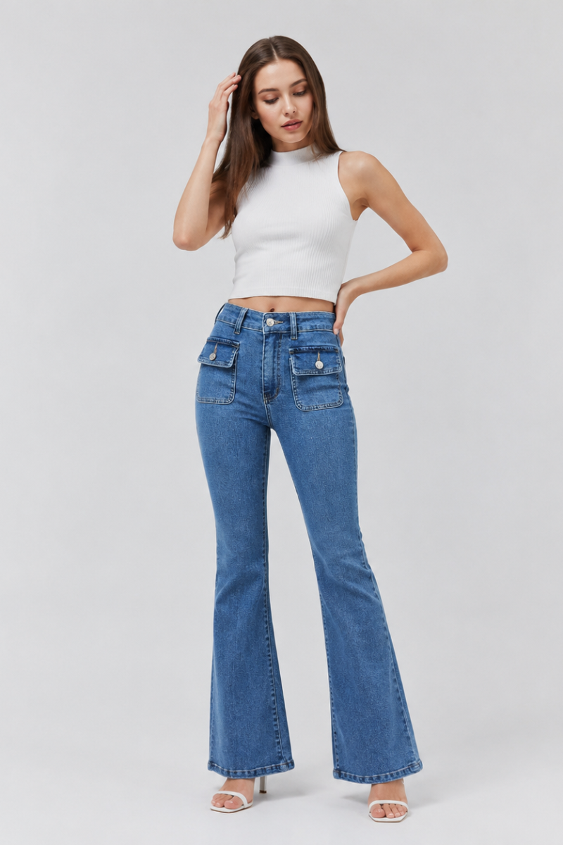 Women's High Waist Flare Jeans with Button Front Pockets