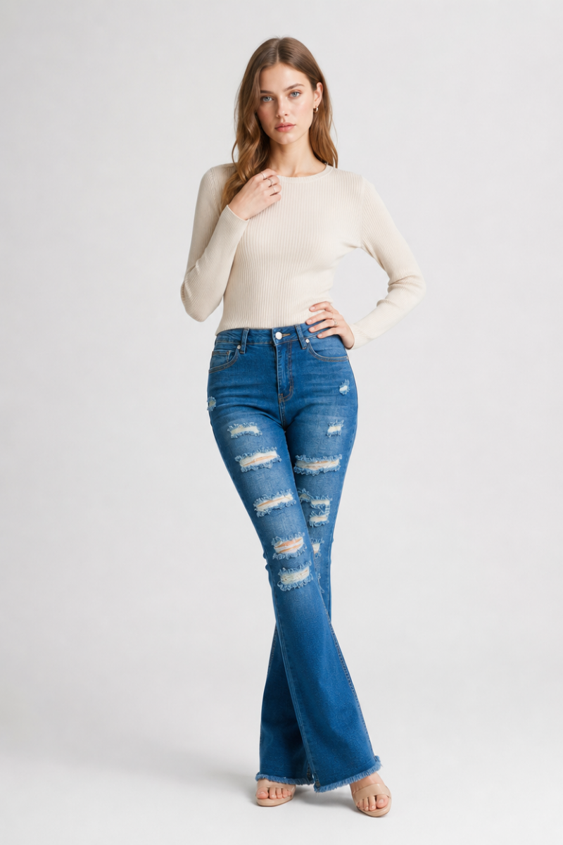 Women's Distressed Ripped Frayed Hem Stretch Flare Jeans
