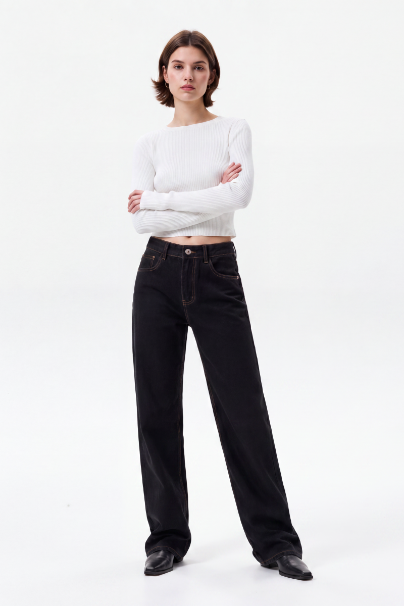 Women's High Waist Black Wash Straight Leg Jeans