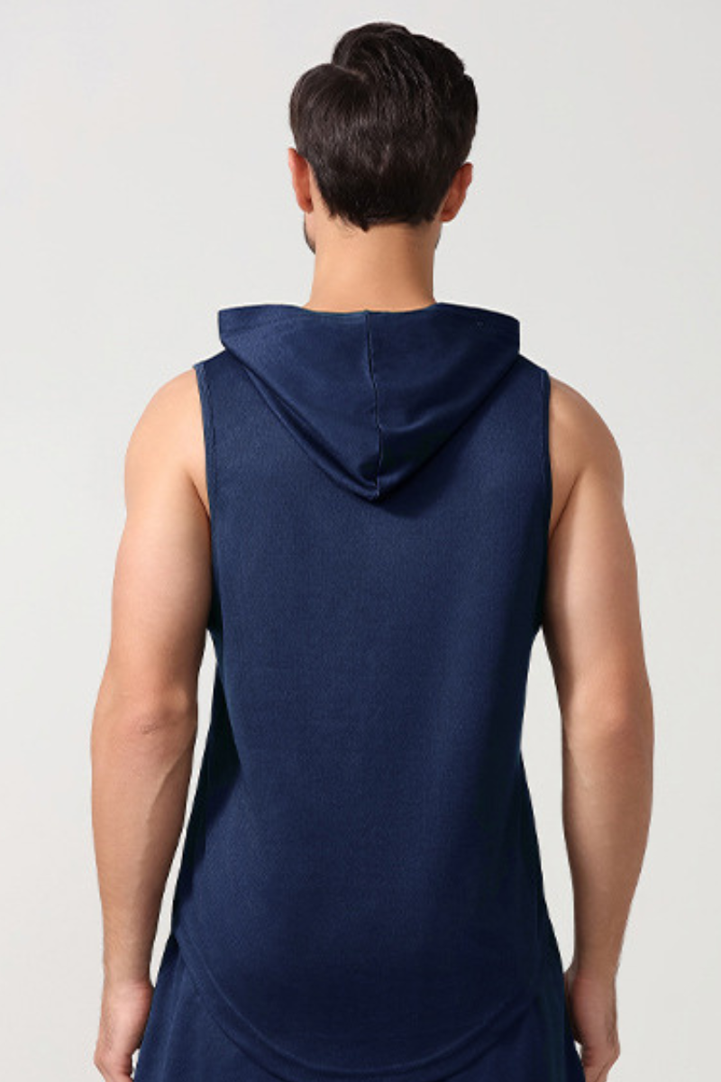 Men's Hooded Curved Hem Mesh Quick Dry Athletic Tank Top