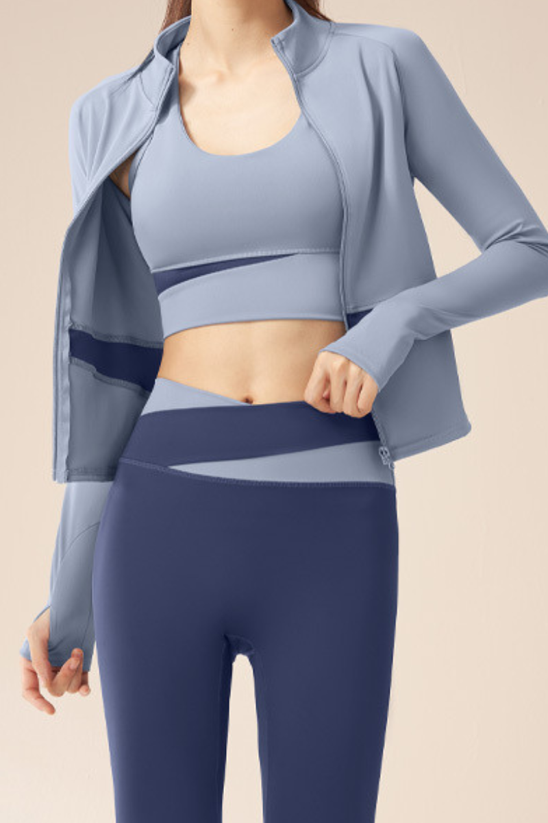 Women Color Block 3-Piece Sport Sets:Bra & Jacket & Leggings