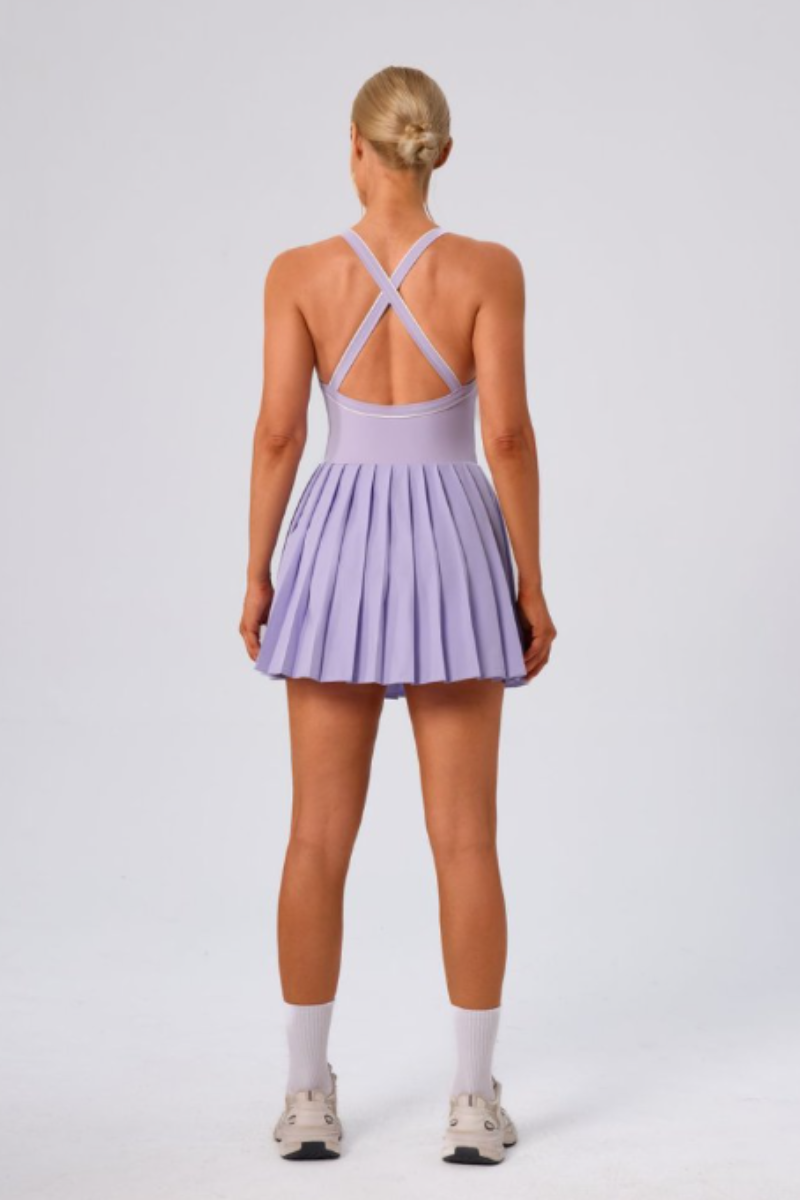Women's Color Block V-Neck Cross-Back Pleated Tennis Dress