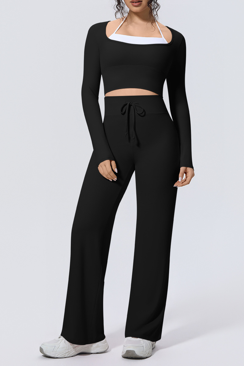 Women Sets:Cropped Long Sleeve T-shirt And Straight Leg Pant