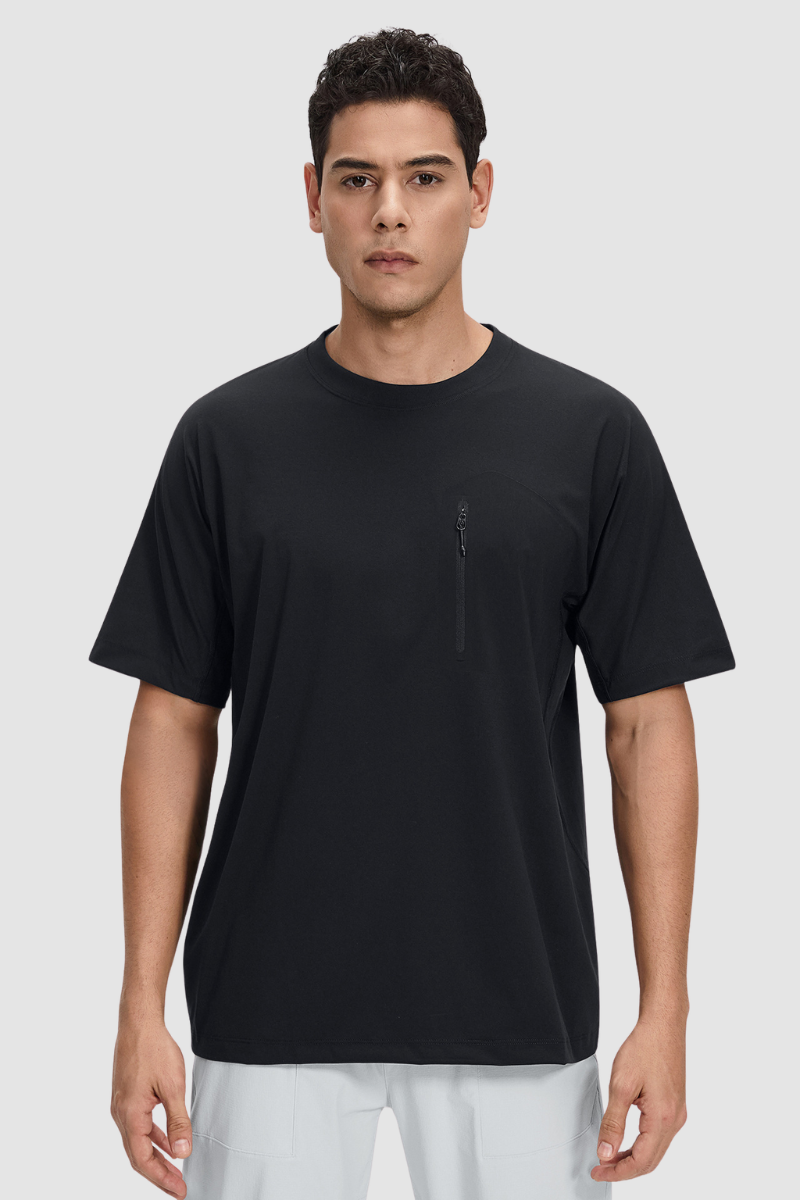 Men's Summer Round-Neck Zipper-Pocket Solid Sports Tee