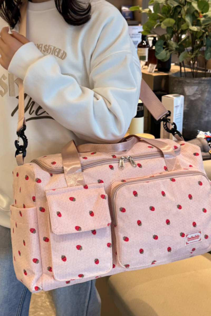 Strawberry Print Corduroy Multi-Pocket Travel Duffel Bag