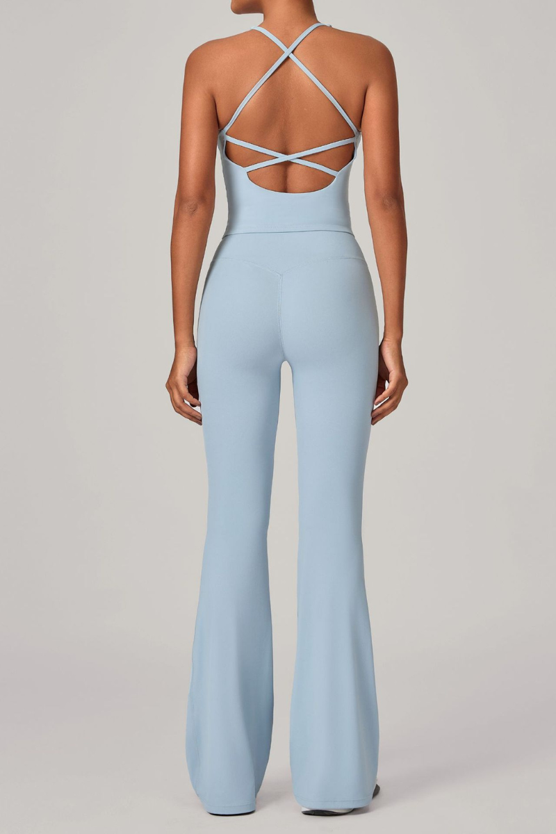 Women's Athletic Set:U-neck Cross Back Tank Top&Flare Pants