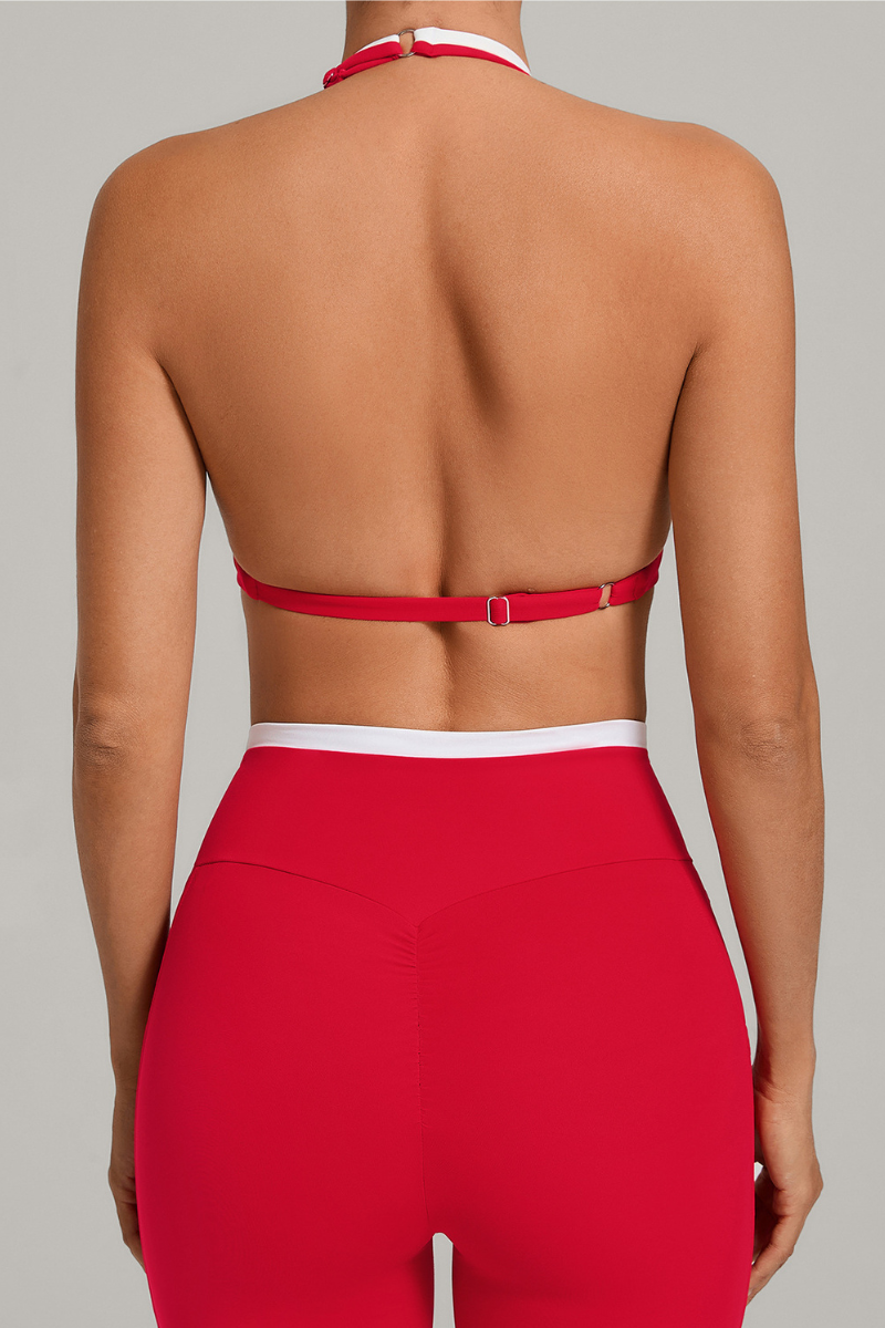 Women Summer Faux-Two-Piece Halter Color Block Sports Bra