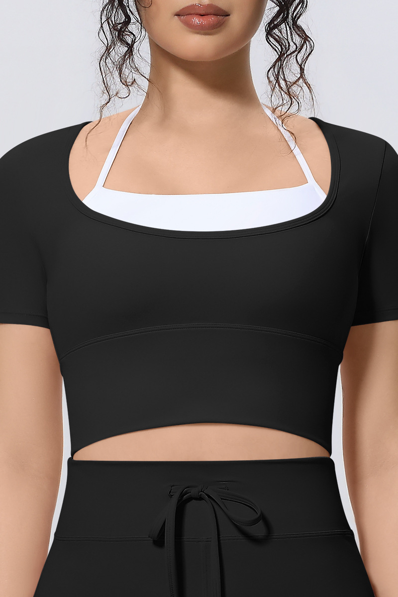 Women Athletic Fake Two Color Block Cropped Halter T-shirt