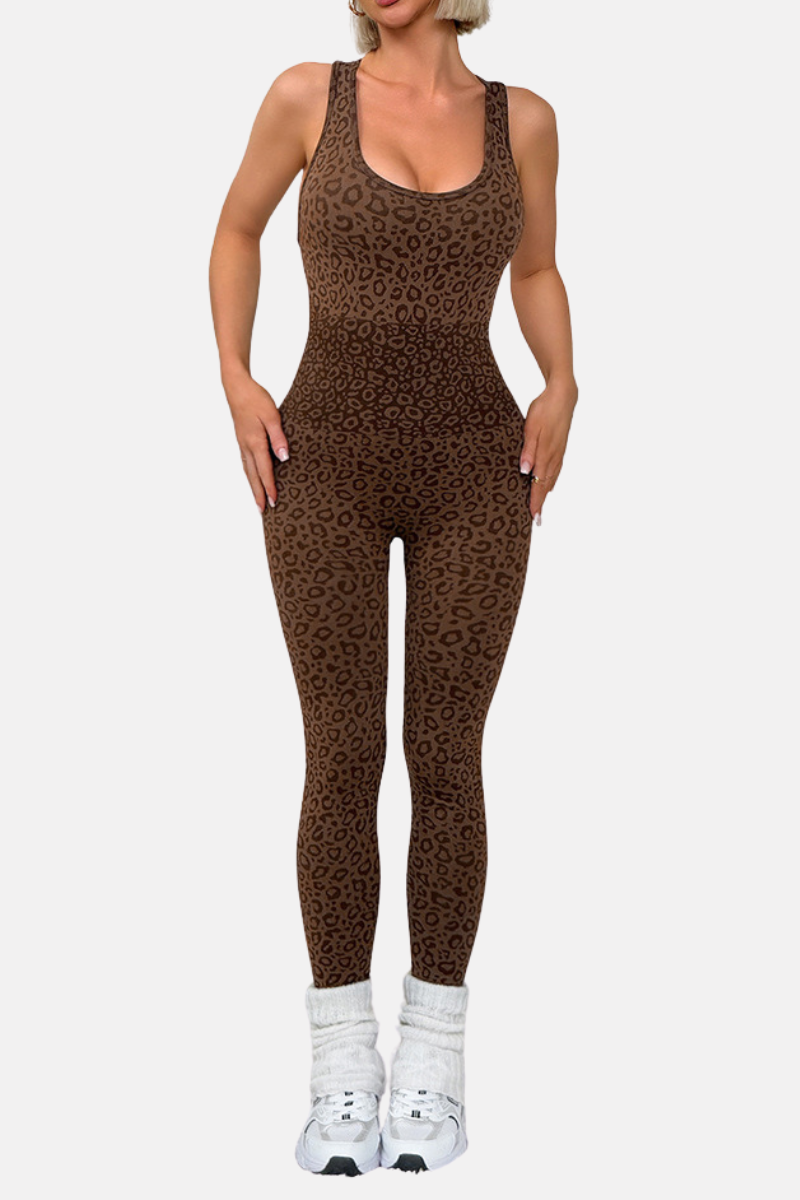 Women's Leopard Print Square Neck Crisscross Back Jumpsuit