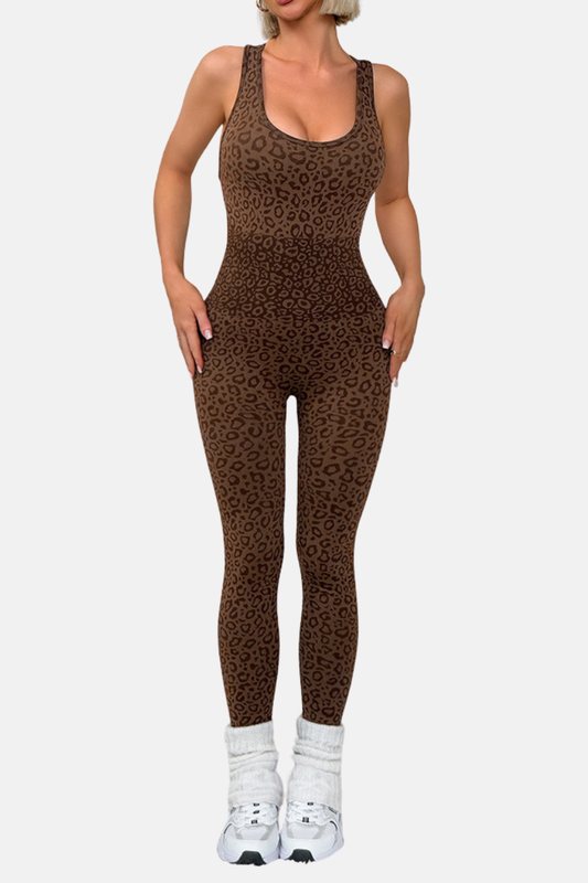 Women's Leopard Print Square Neck Crisscross Back Jumpsuit