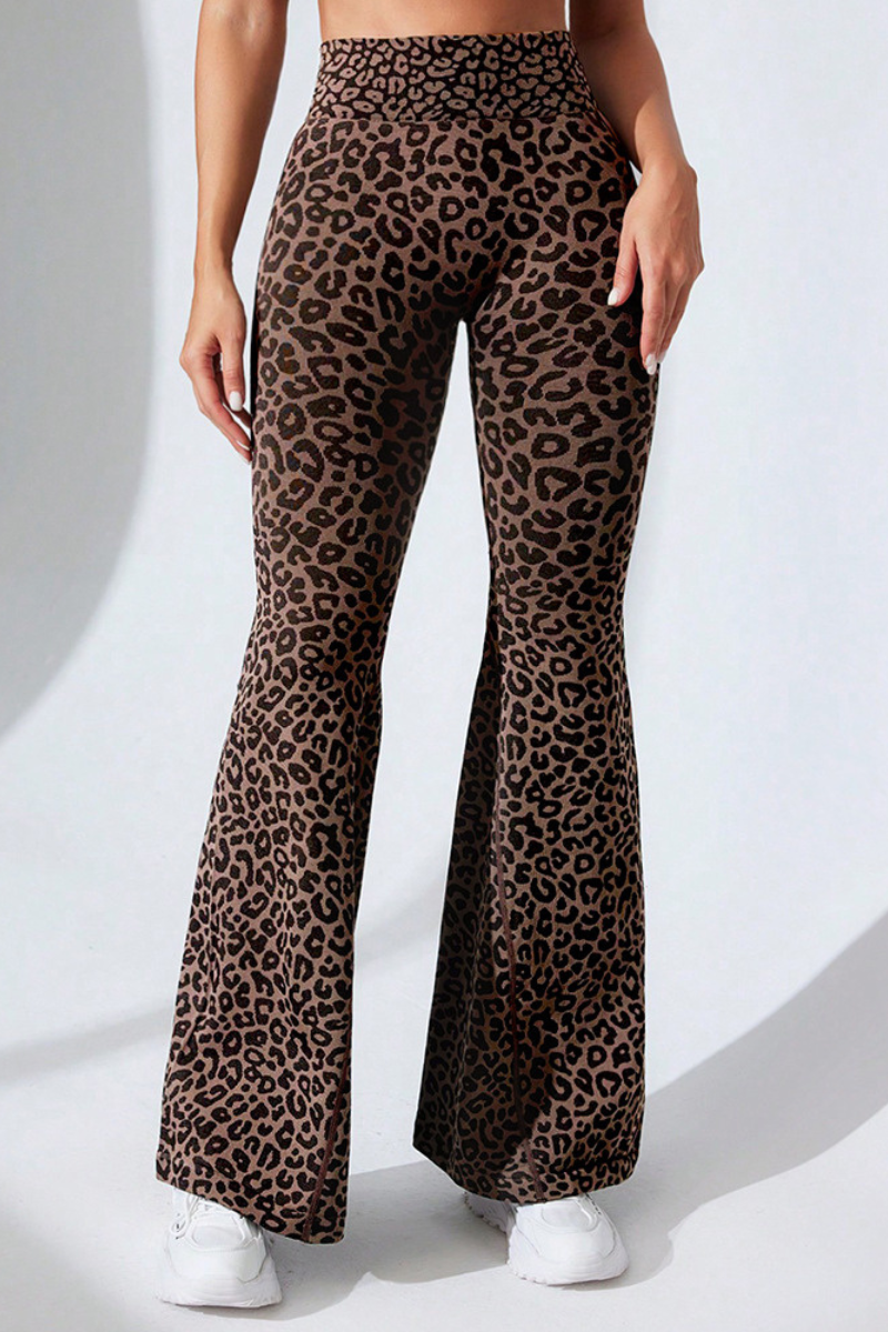 Women's High Rise Leopard Peach Butt Flared Sports Pants