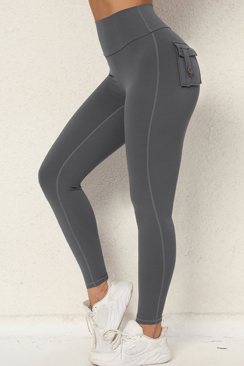 Women Button Work Pocket High Waisted Hip Lifting Stretchy Skinny Yoga Running Fitness Pants